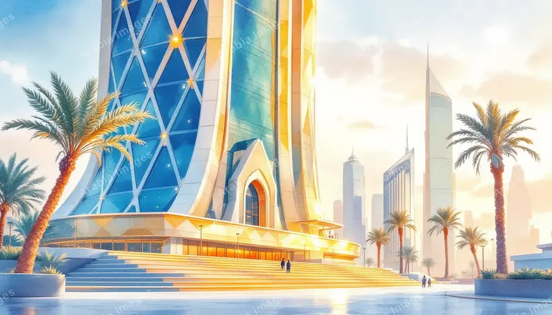 Watercolor of a Lattice-Glass Tower Above Wide Golden Steps