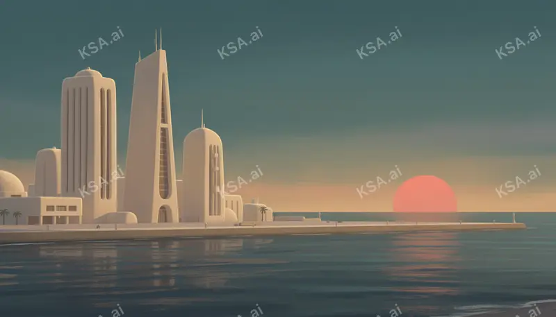 Jeddah's corniche waterfront skyline في blue hour