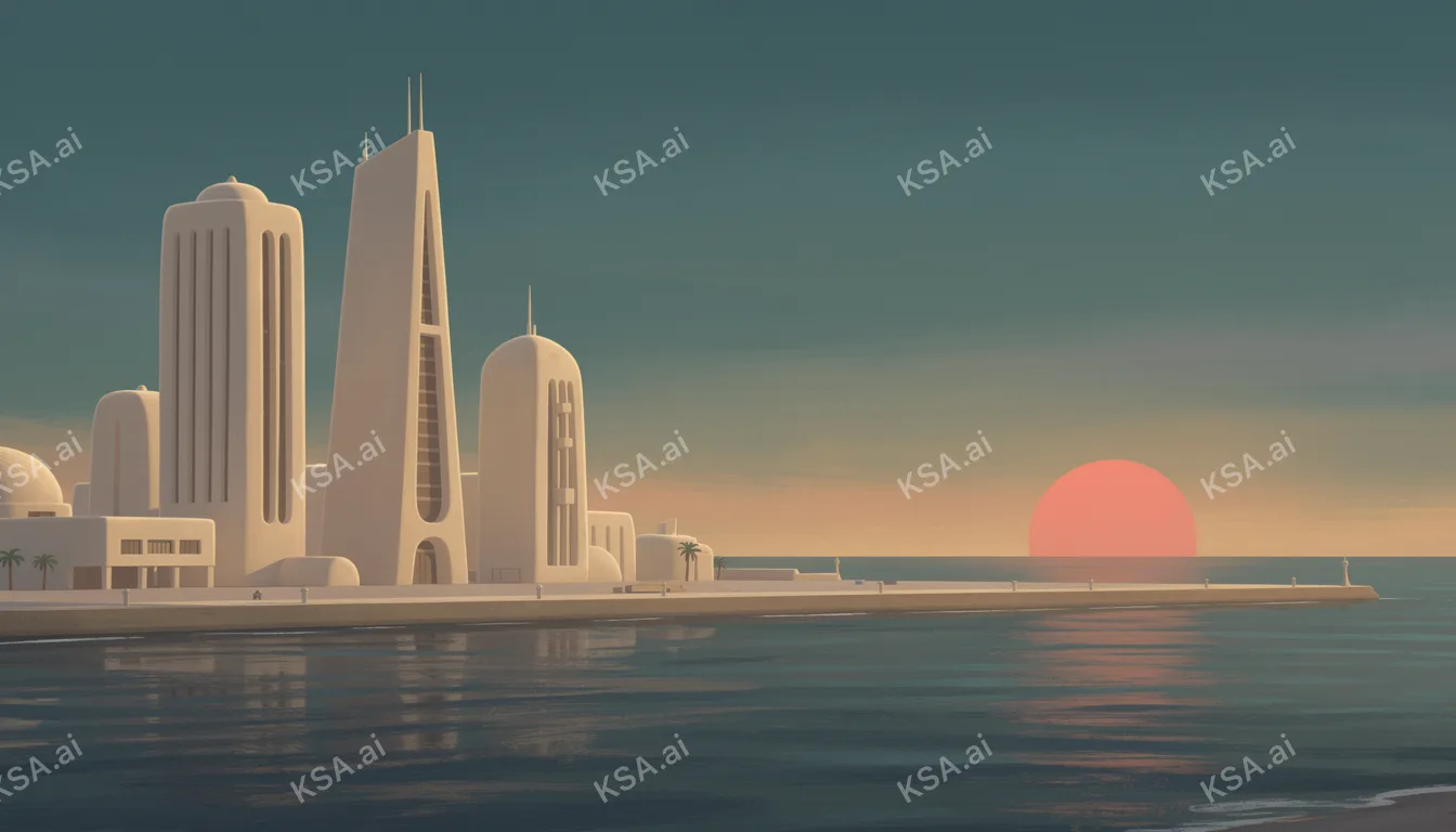 Jeddah's corniche waterfront skyline في blue hour
