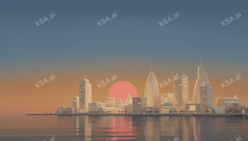 Jeddah's corniche waterfront skyline في blue hour