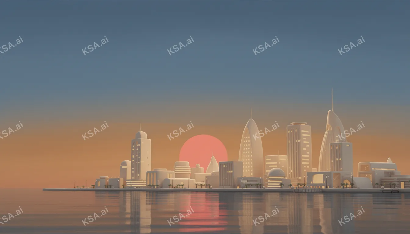 Jeddah's corniche waterfront skyline في blue hour