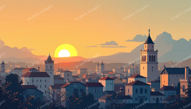 3D Cartoon Hilltop Town with Tall Bell Towers at Sunset