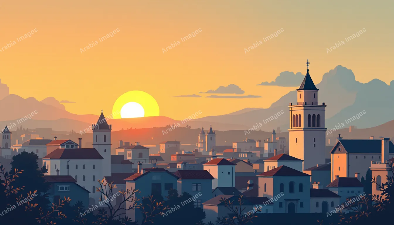 3D Cartoon Hilltop Town with Tall Bell Towers at Sunset