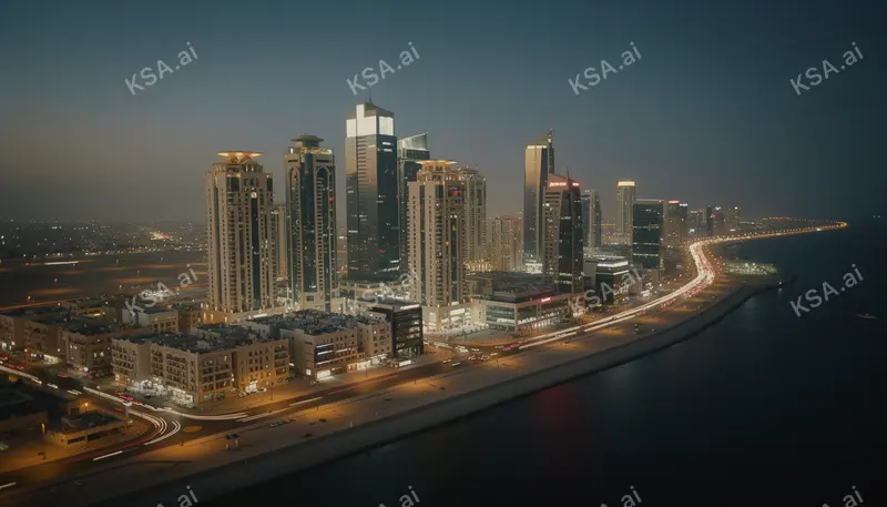 Jeddah's corniche waterfront skyline في blue hour