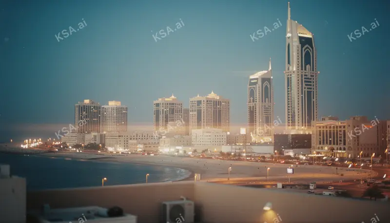 Jeddah's corniche waterfront skyline في blue hour