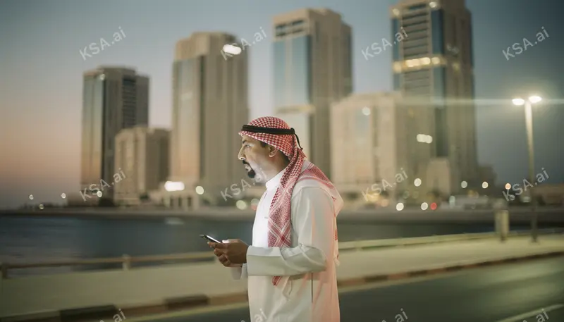 Jeddah's corniche waterfront skyline في blue hour