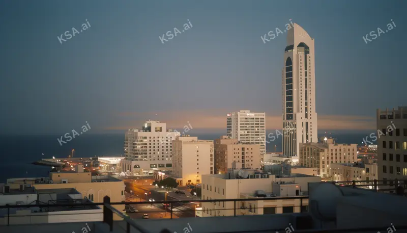 Jeddah's corniche waterfront skyline في blue hour