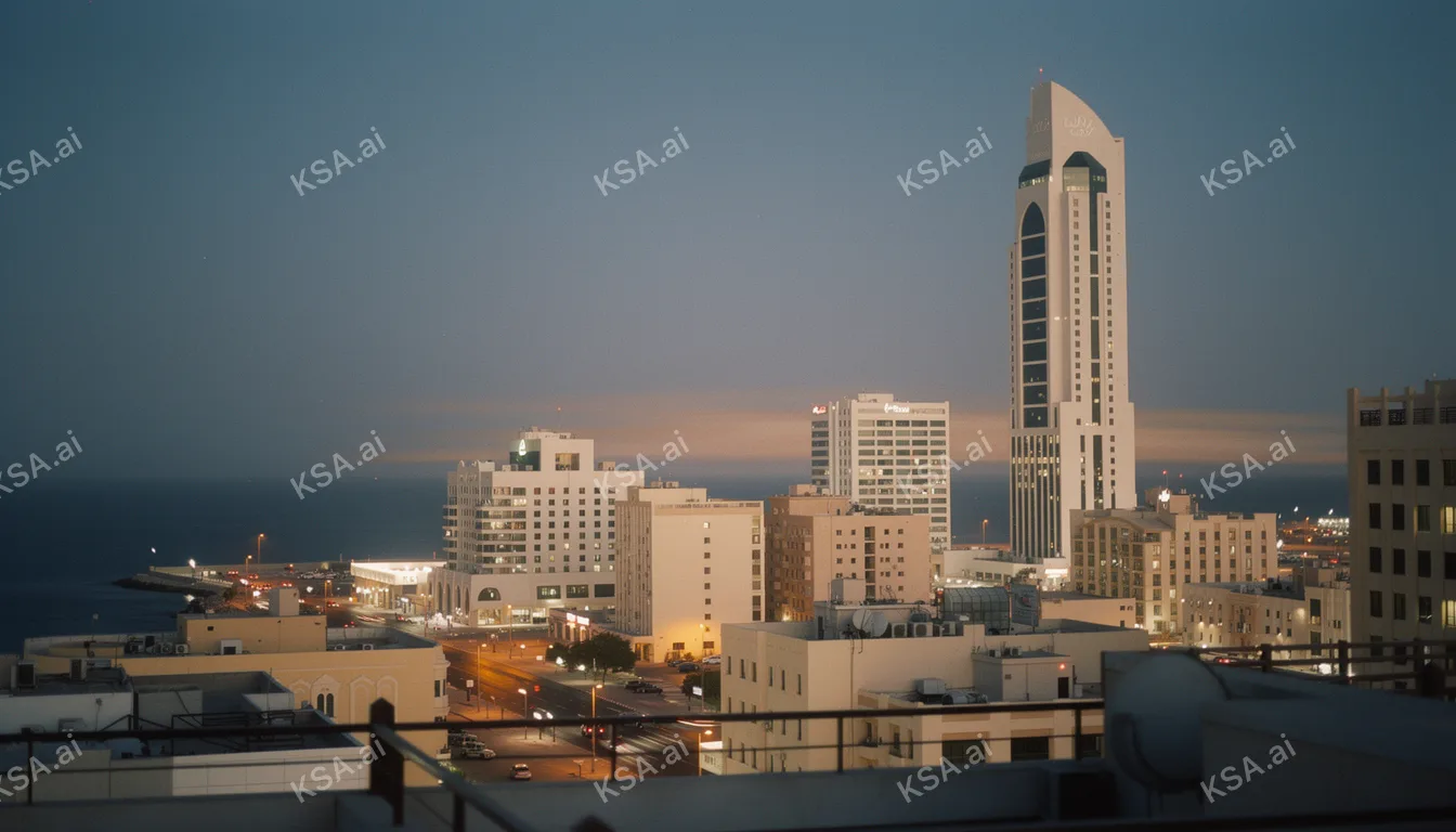 Jeddah's corniche waterfront skyline في blue hour