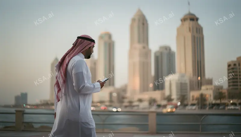 Jeddah's corniche waterfront skyline في blue hour
