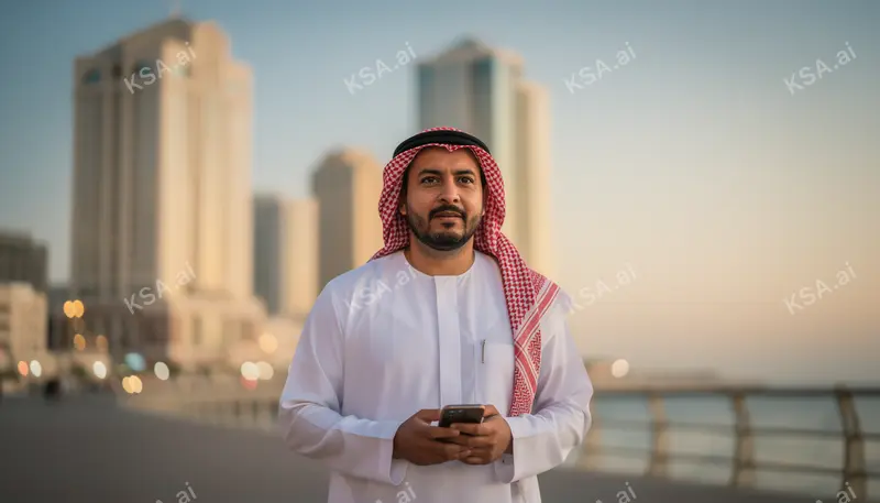 Jeddah's corniche waterfront skyline في blue hour