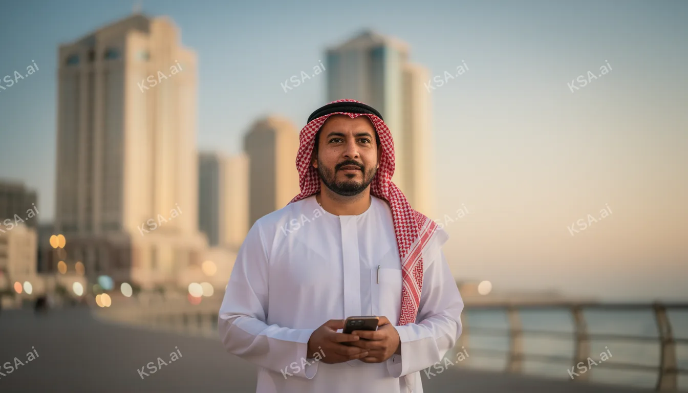 Jeddah's corniche waterfront skyline في blue hour