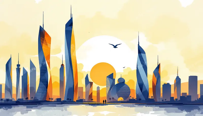 Watercolor of a Twisted-Tower Skyline Under a Big Yellow Sun