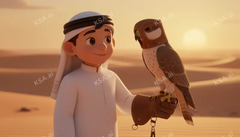 Saudi falconer holding a hooded saker falcon on his glove