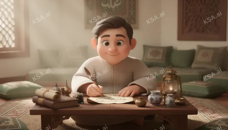 Arabic calligrapher at his work desk