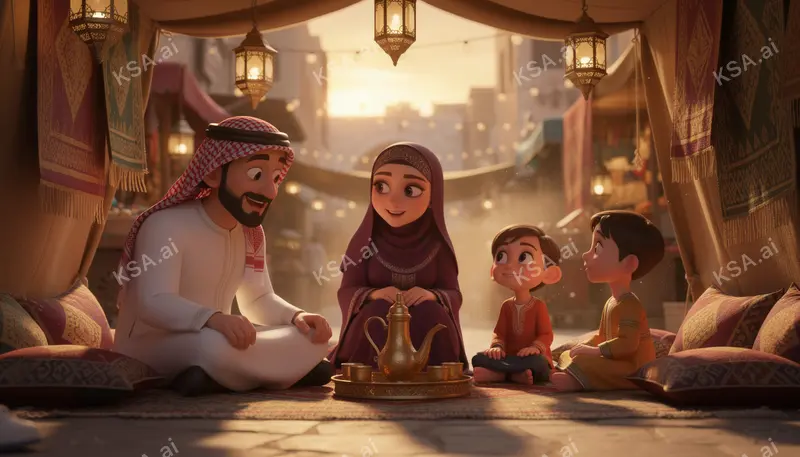 Saudi family gathered for coffee in a desert tent في…