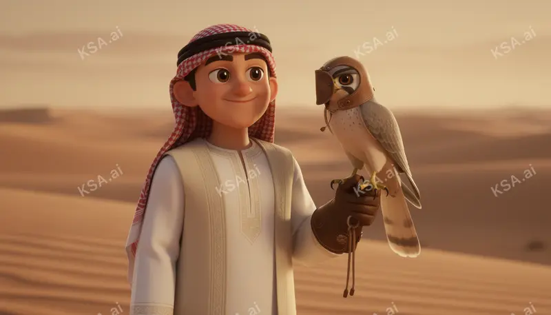 Saudi falconer holding a hooded saker falcon on his glove