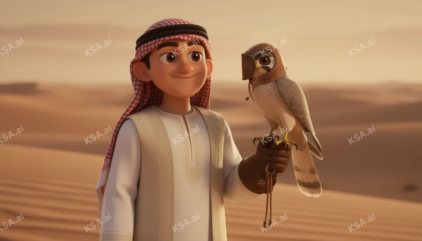 Saudi falconer holding a hooded saker falcon on his glove