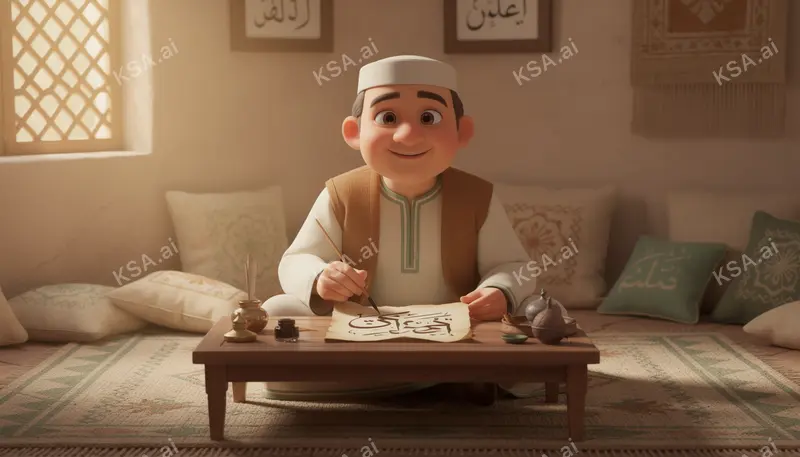 Arabic calligrapher at his work desk