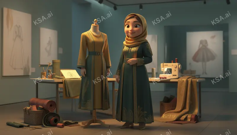 Saudi woman fashion designer in her studio