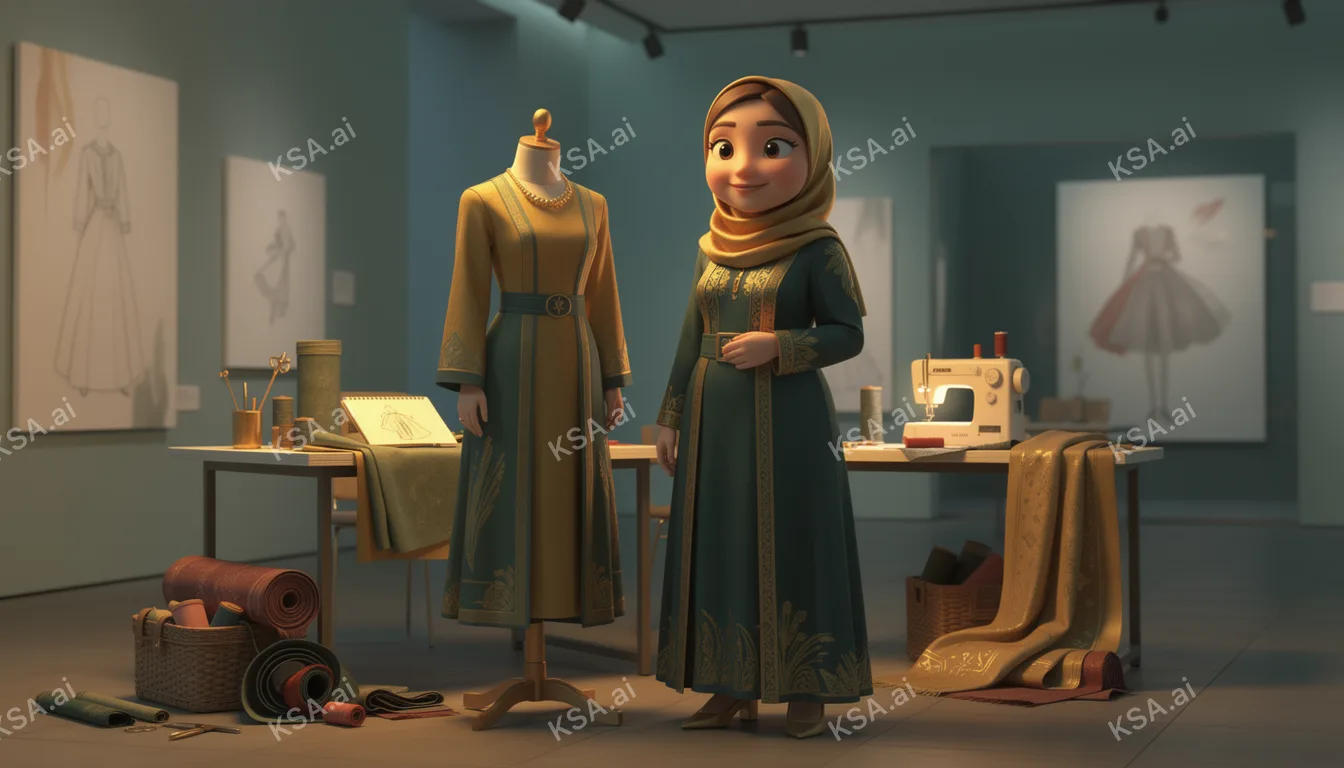 Saudi woman fashion designer in her studio
