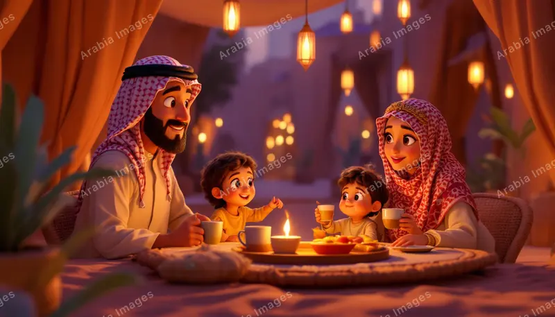 3D Cartoon Family Sharing Tea by Candlelight Under Lanterns