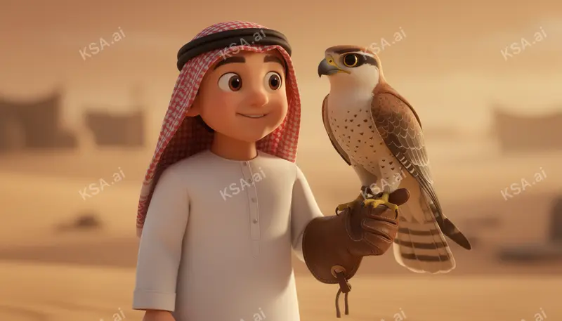 Saudi falconer holding a hooded saker falcon on his glove