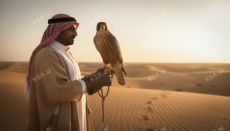 Saudi falconer holding a hooded saker falcon on his glove