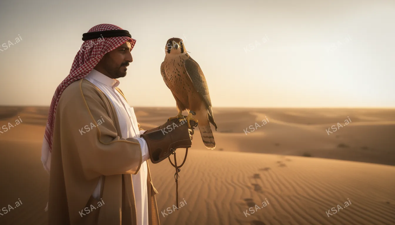 Saudi falconer holding a hooded saker falcon on his glove