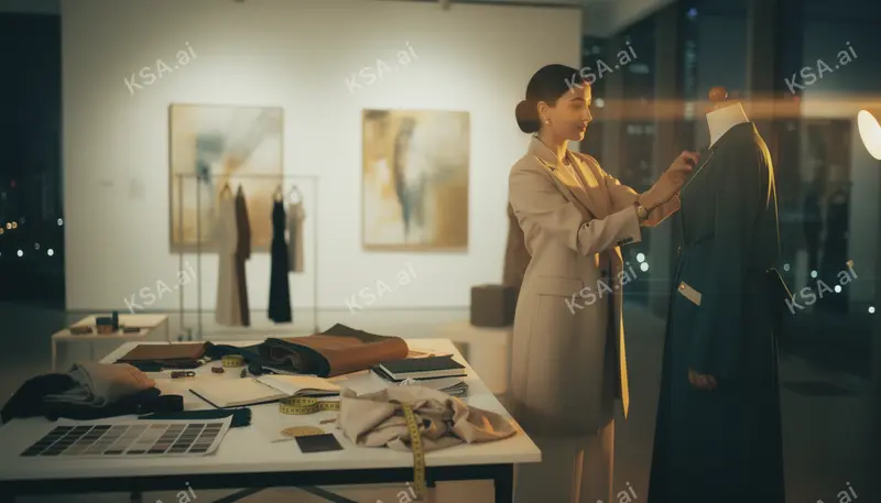 Saudi woman fashion designer in her studio