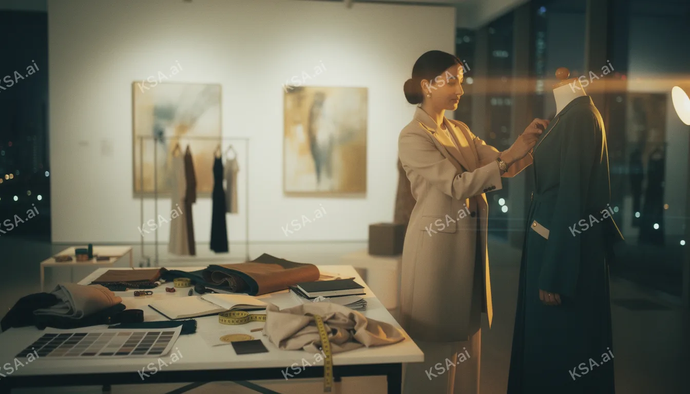 Saudi woman fashion designer in her studio