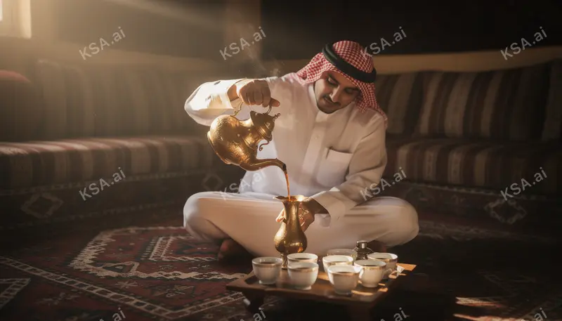 Saudi falconer holding a hooded saker falcon on his glove