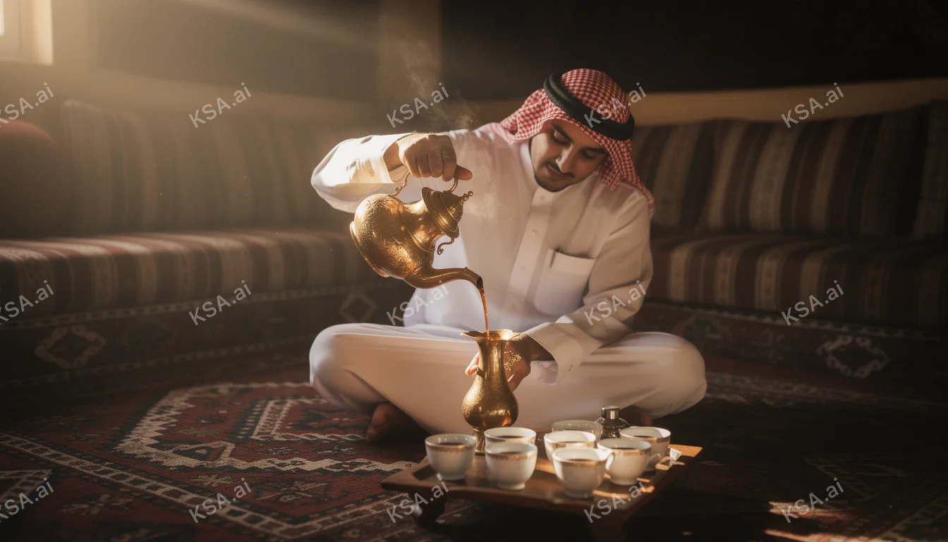 Saudi falconer holding a hooded saker falcon on his glove