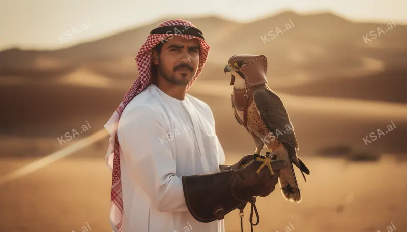 Saudi falconer holding a hooded saker falcon on his glove