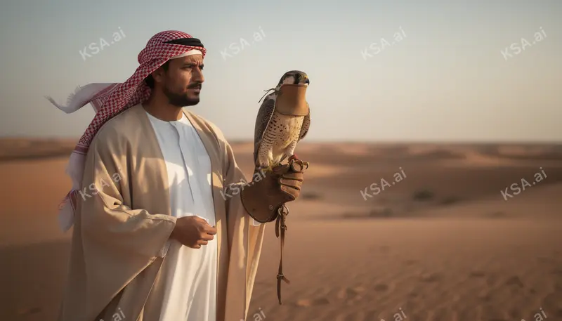 Saudi falconer holding a hooded saker falcon on his glove