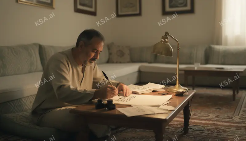 Arabic calligrapher at his work desk
