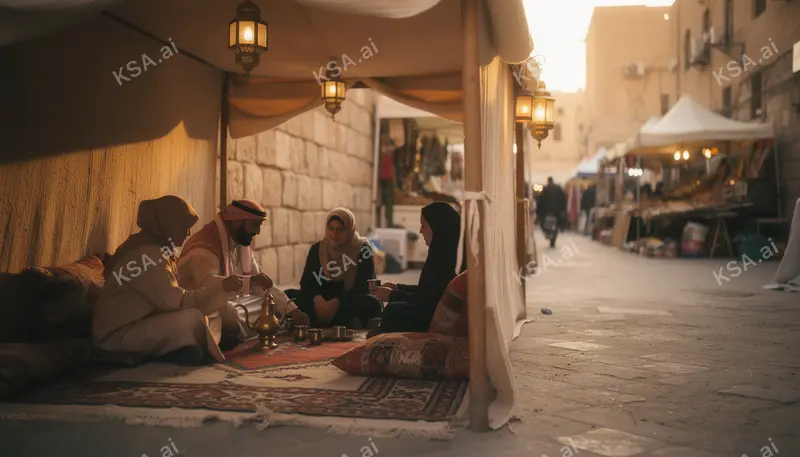 Saudi family gathered for coffee in a desert tent في…