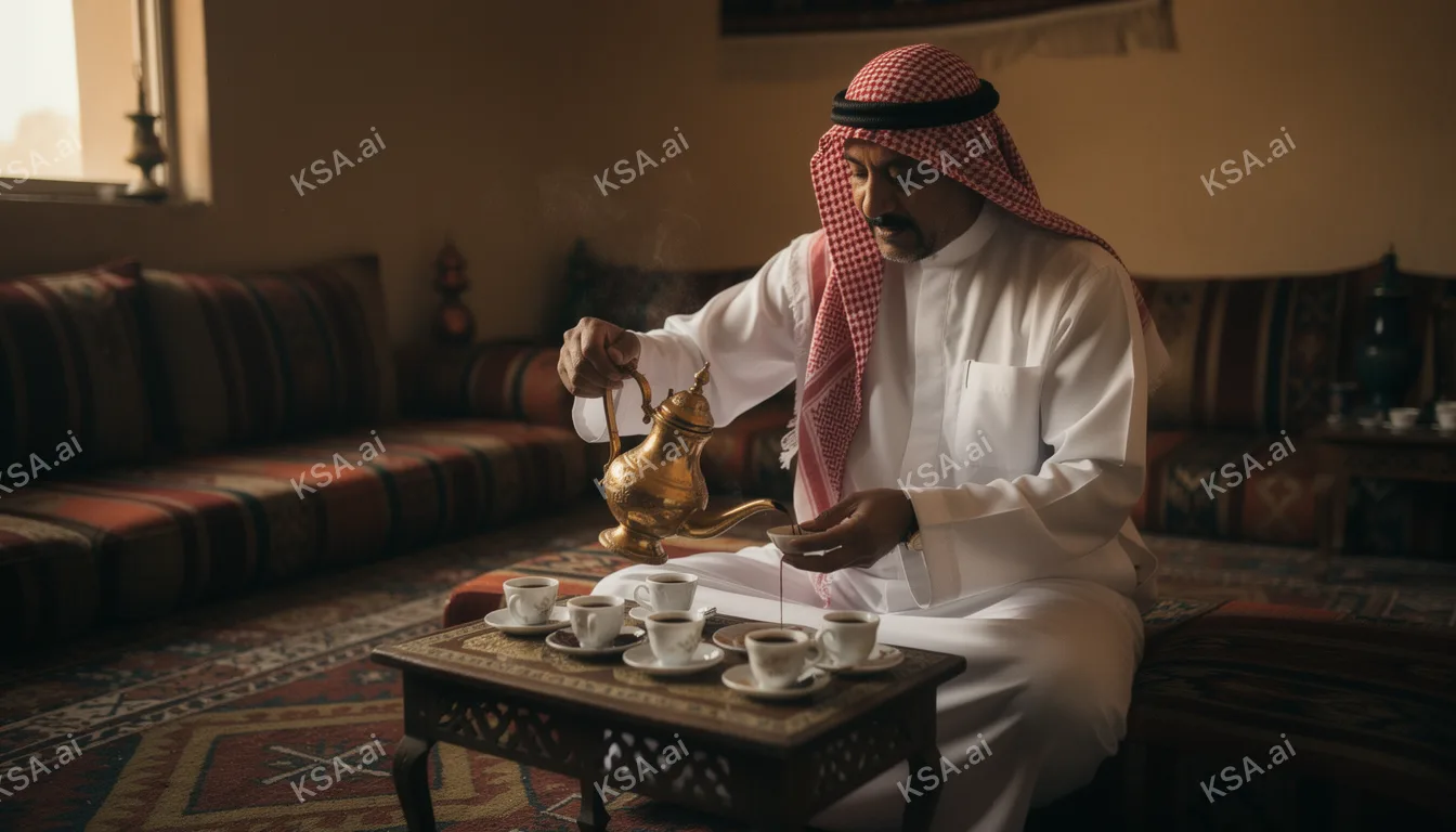 Saudi falconer holding a hooded saker falcon on his glove