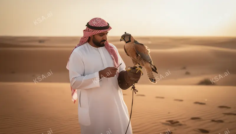 Saudi falconer holding a hooded saker falcon on his glove