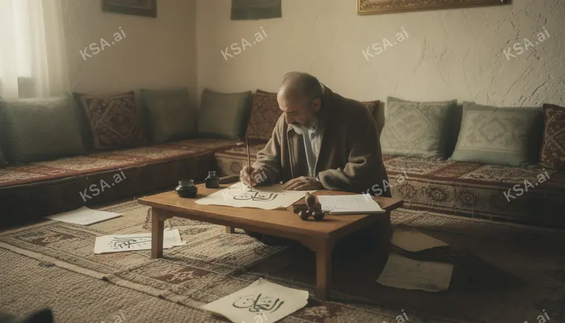Arabic calligrapher at his work desk