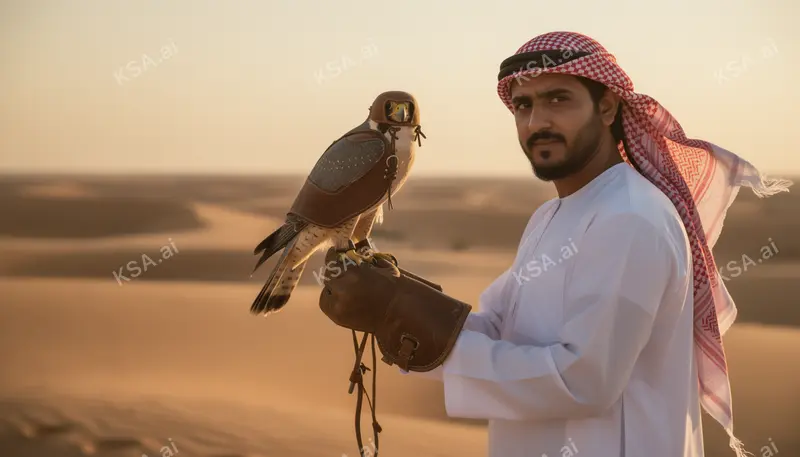 Saudi falconer holding a hooded saker falcon on his glove