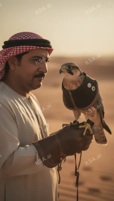 Saudi falconer holding a hooded saker falcon on his glove