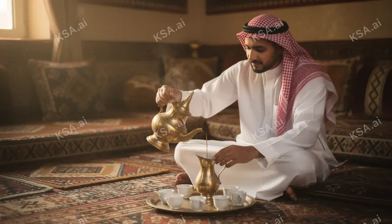 Saudi falconer holding a hooded saker falcon on his glove