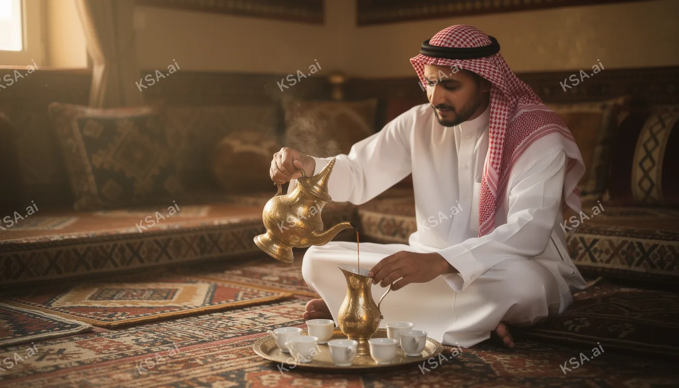 Saudi falconer holding a hooded saker falcon on his glove