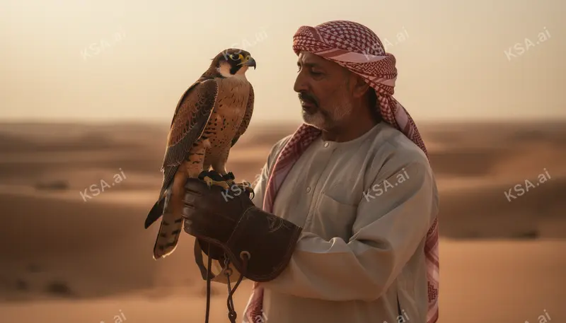 Saudi falconer holding a hooded saker falcon on his glove