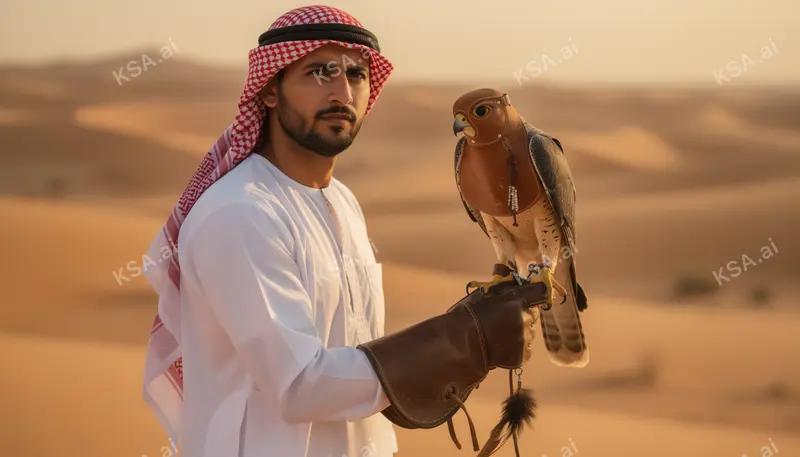 Saudi falconer holding a hooded saker falcon on his glove