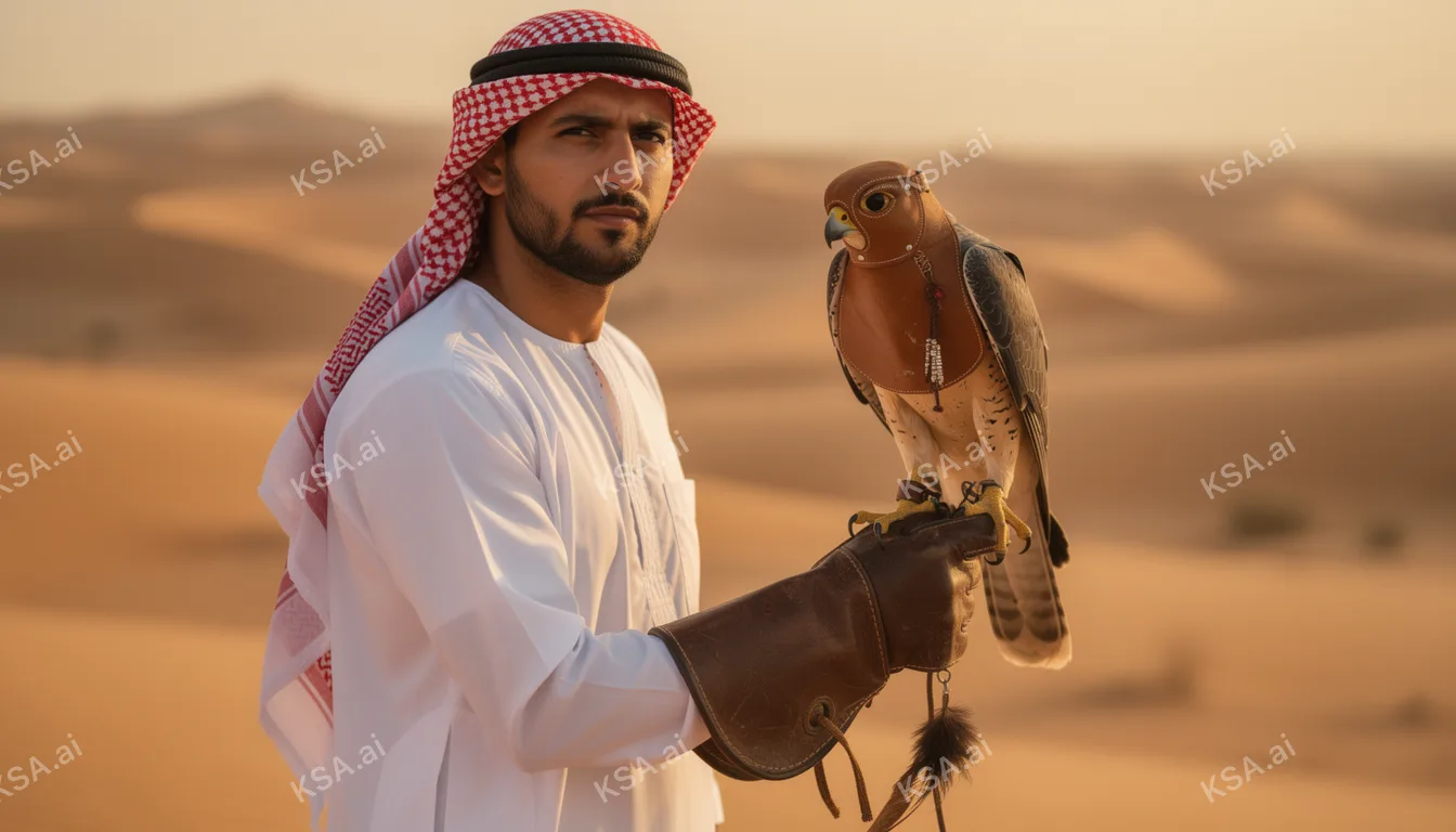 Saudi falconer holding a hooded saker falcon on his glove