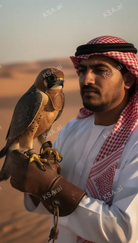 Saudi falconer holding a hooded saker falcon on his glove