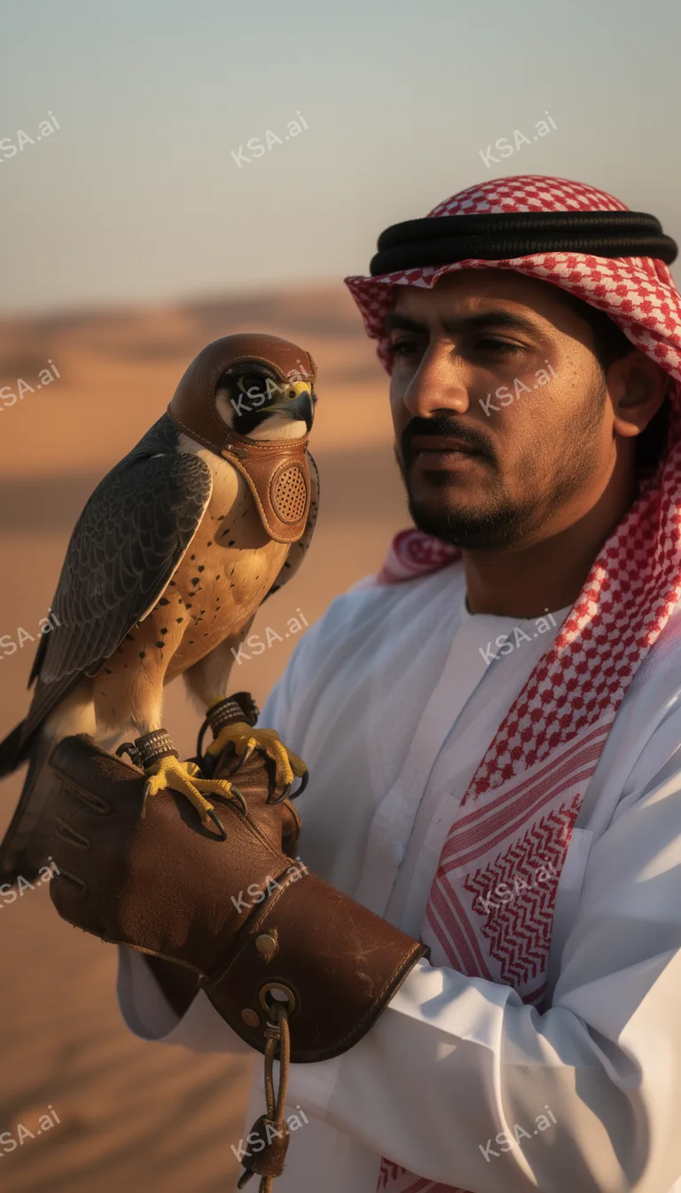 Saudi falconer holding a hooded saker falcon on his glove
