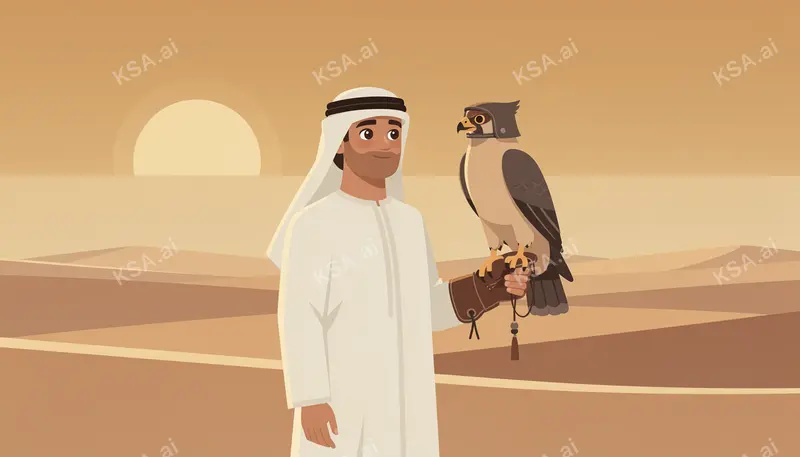 Saudi falconer holding a hooded saker falcon on his glove