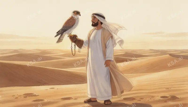 Saudi falconer holding a hooded saker falcon on his glove